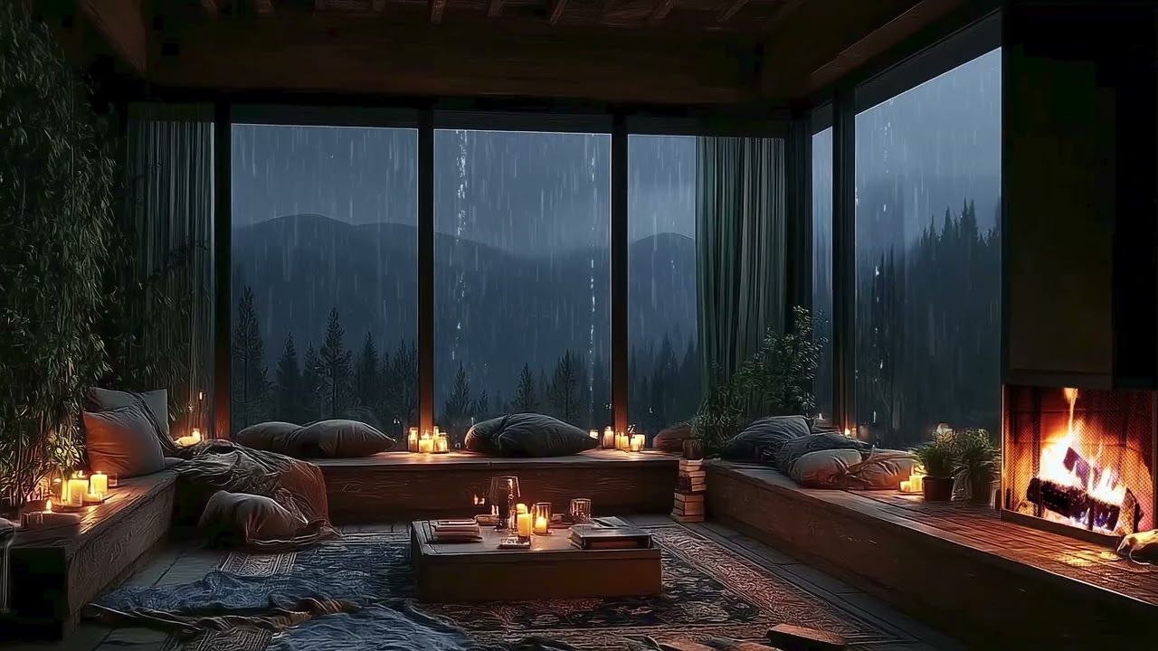 Rain ambience with warm fireplace cozy cabin relaxation sounds