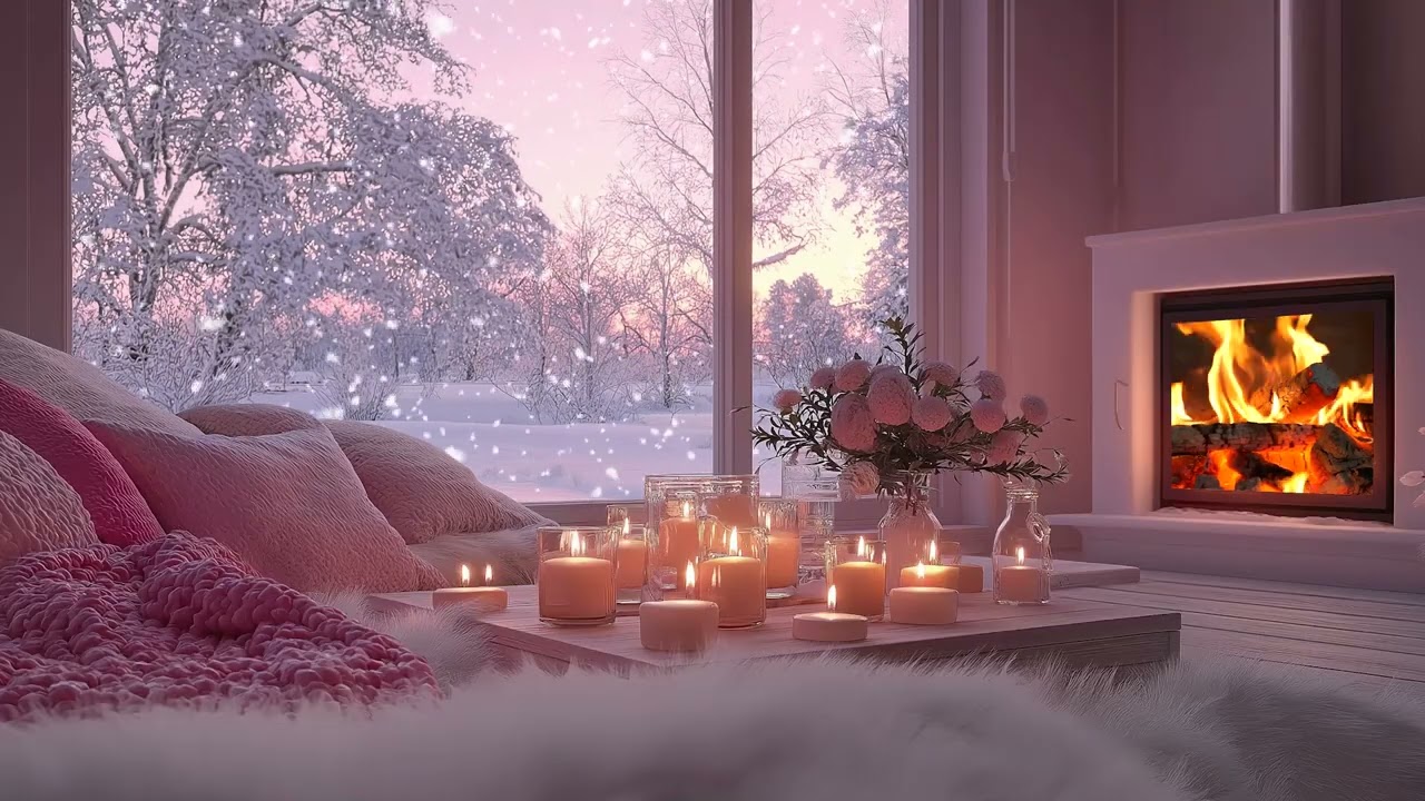 Romantic Cozy Winter Living Room with Snowfall Views, Warm Fireplace Glow & Soft Candlelight Calm