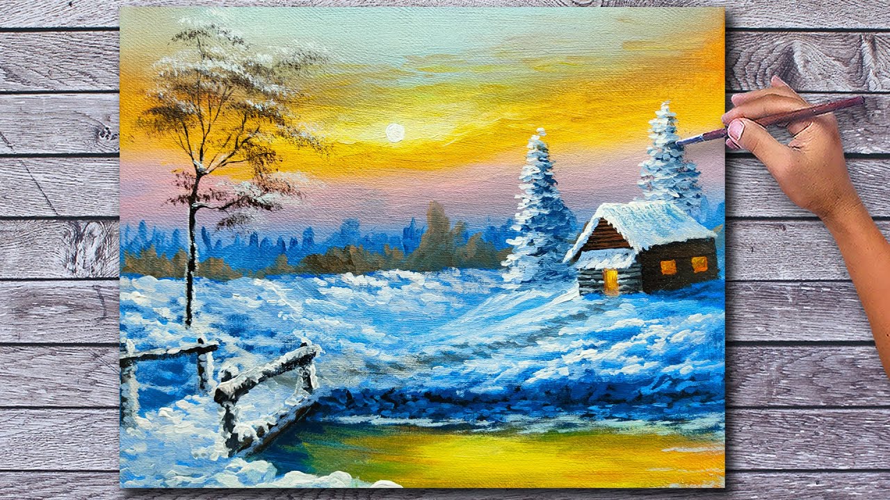 Acrylic Winter Landscape Painting Time-lapse / Cabin during Sunset / Fine Art