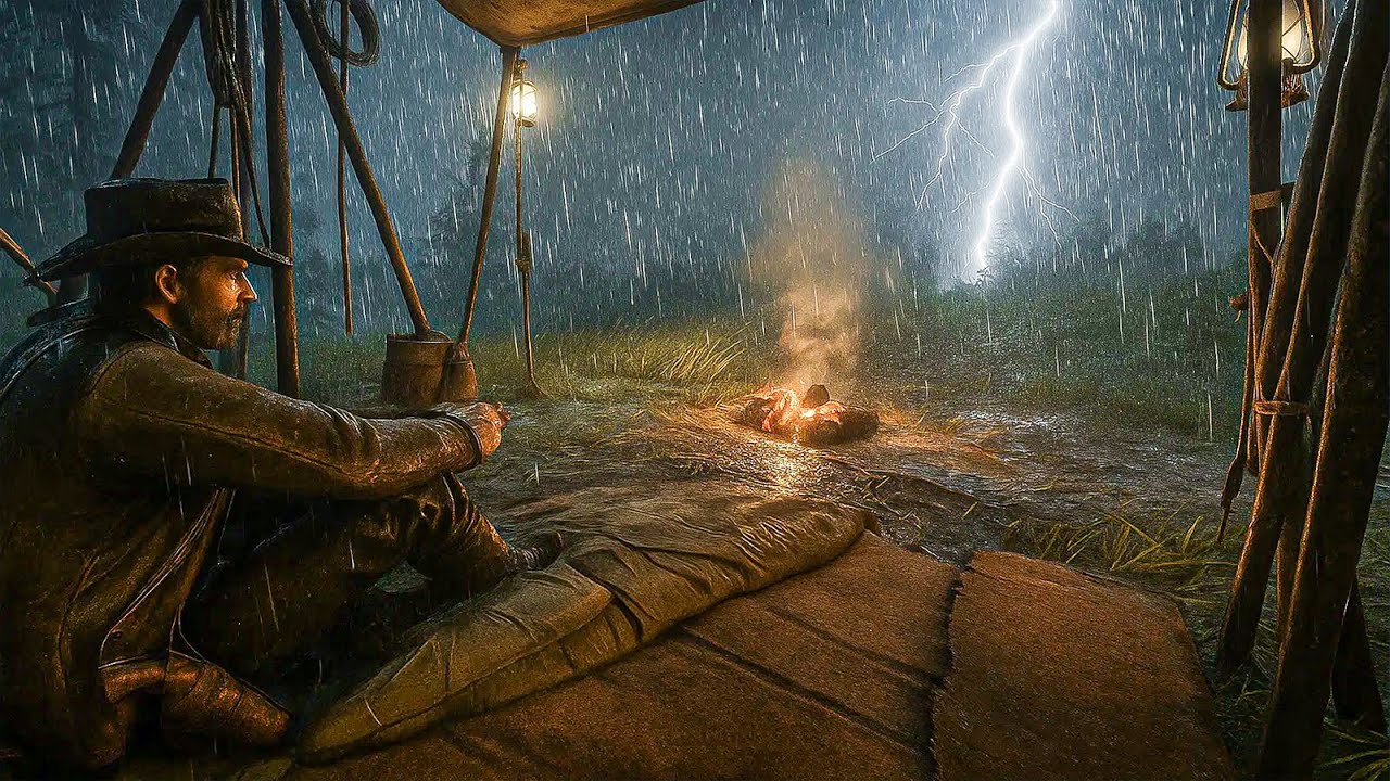 Watching a night-time thunderstorm from a tent | RDR2 ASMR