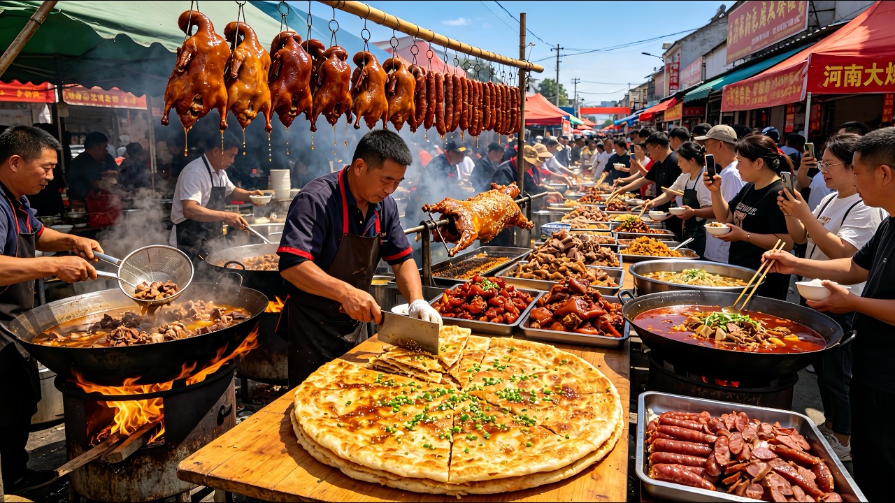 中國北京農村趕大集，50種本地人愛吃的街頭美食合集，每種都令人胃口大開，滷煮火燒真解饞，肉蛋堡製作場面震撼，熏肉大餅、鍋包肉排隊買，烤羊腰滋滋冒油，醬香餅、煎毛蛋、缸爐燒餅、羊肉湯、整個大集充滿煙火氣