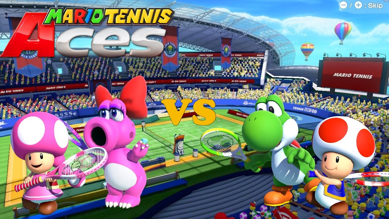 Mario Tennis Aces - Toadette & Birdo vs Toad & Yoshi - Marina Stadium (Grass)