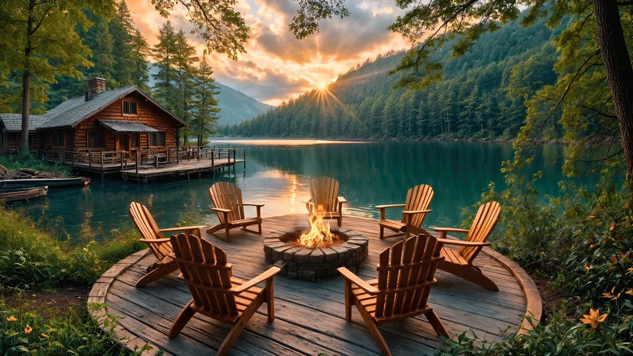 🌄 Breathtaking Sunrise, Campfire & Spring Birds – Peaceful Lakeside Porch Deck Ambience