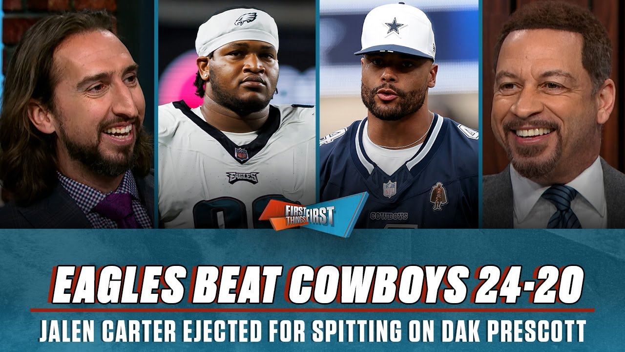 Eagles beat Cowboys, Brou grades Dallas, Jalen Carter&rsquo;s &lsquo;Spitgate&rsquo; concerning? | FIRST THINGS FIRST