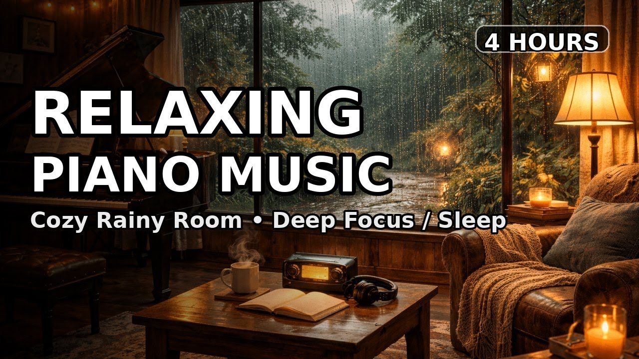 Relaxing Piano Music (4 Hours) | Cozy Rainy Room Ambience for Deep Focus & Sleep