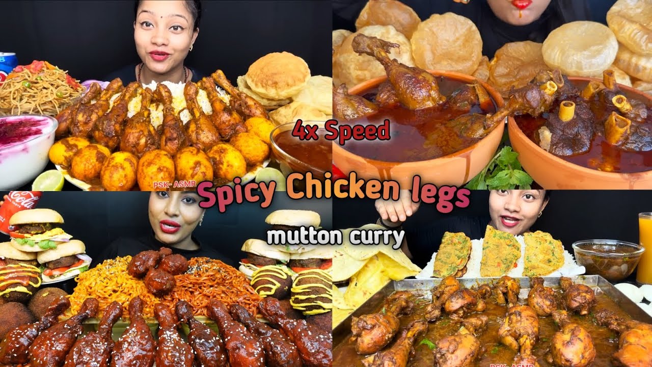 ASMR:Eating Spicy juice Chicken leg🍗🤤chicken curry, mutton curry, puri noodle, eating, mukbang
