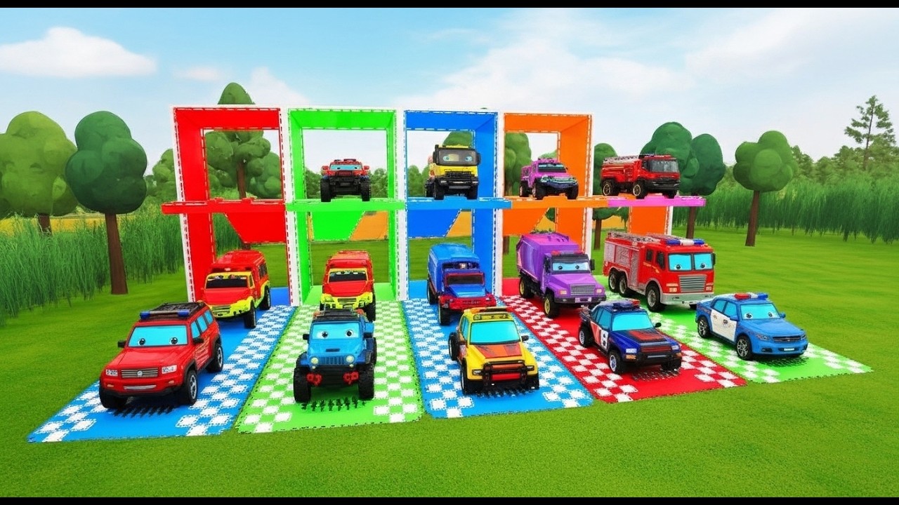 Garage with Colors – ALL CUTE POLICE CARS with DOUBLE FLATBED TRAILER 🚓💖