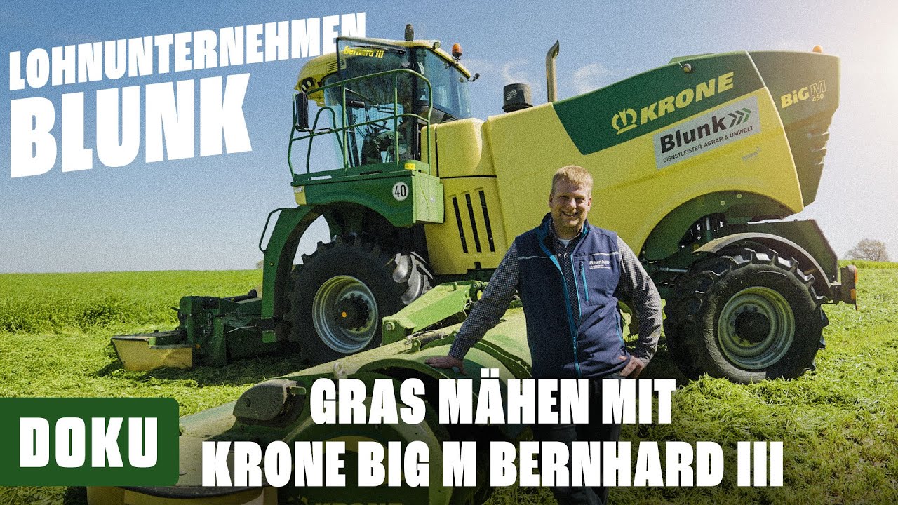 Lohnunternehmen BLUNK : Gras mähen mit Krone Big M Bernhard III (LOHNUNTERNEHMEN,TRAKTOREN)