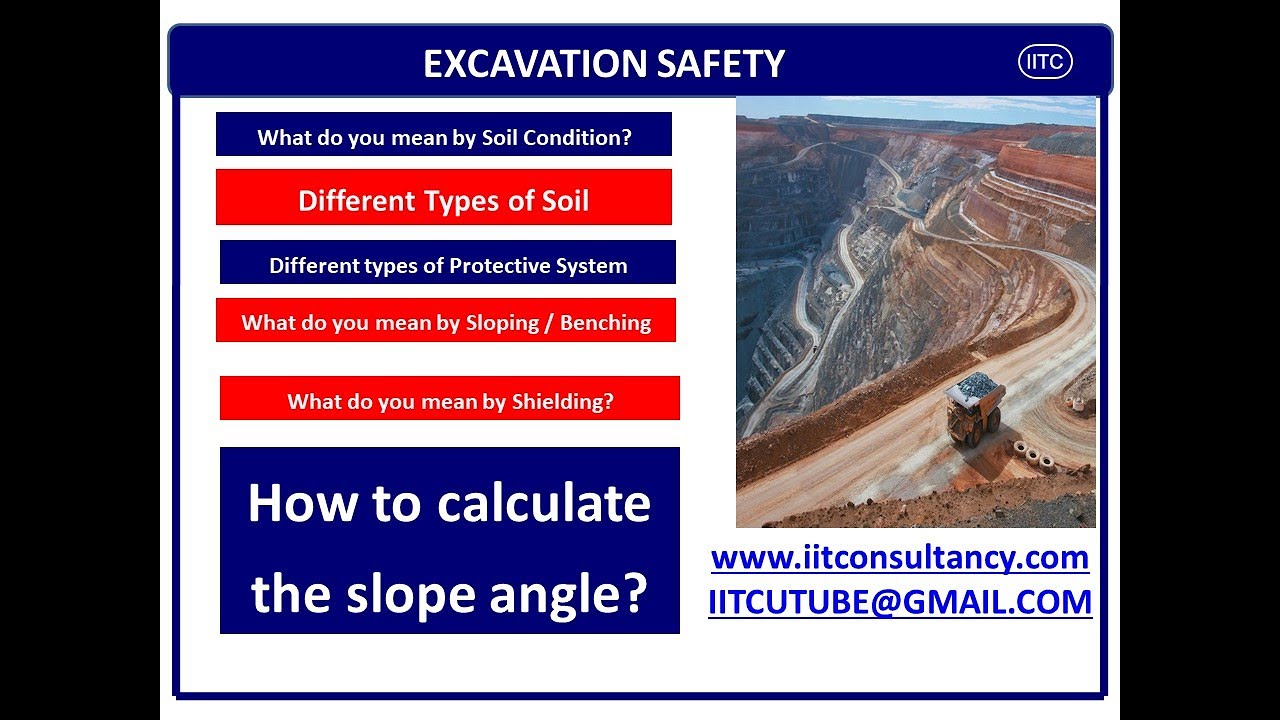 Excavation Safety, Excavation Hazard, Typos of soil, calculation of slop, shoring & Benching