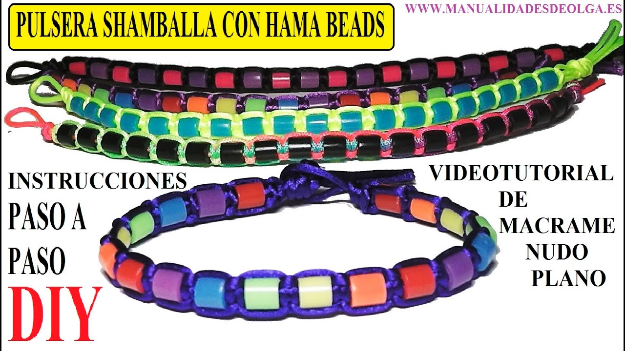 Como hacer pulsera estilo shamballa de hilo y hama beads con nudos planos simples de macrame