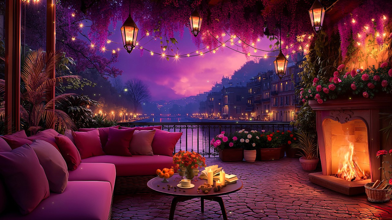 Evening by the River 🌆 Cozy Balcony Fireplace & Dreamy Pink Sky Serenity
