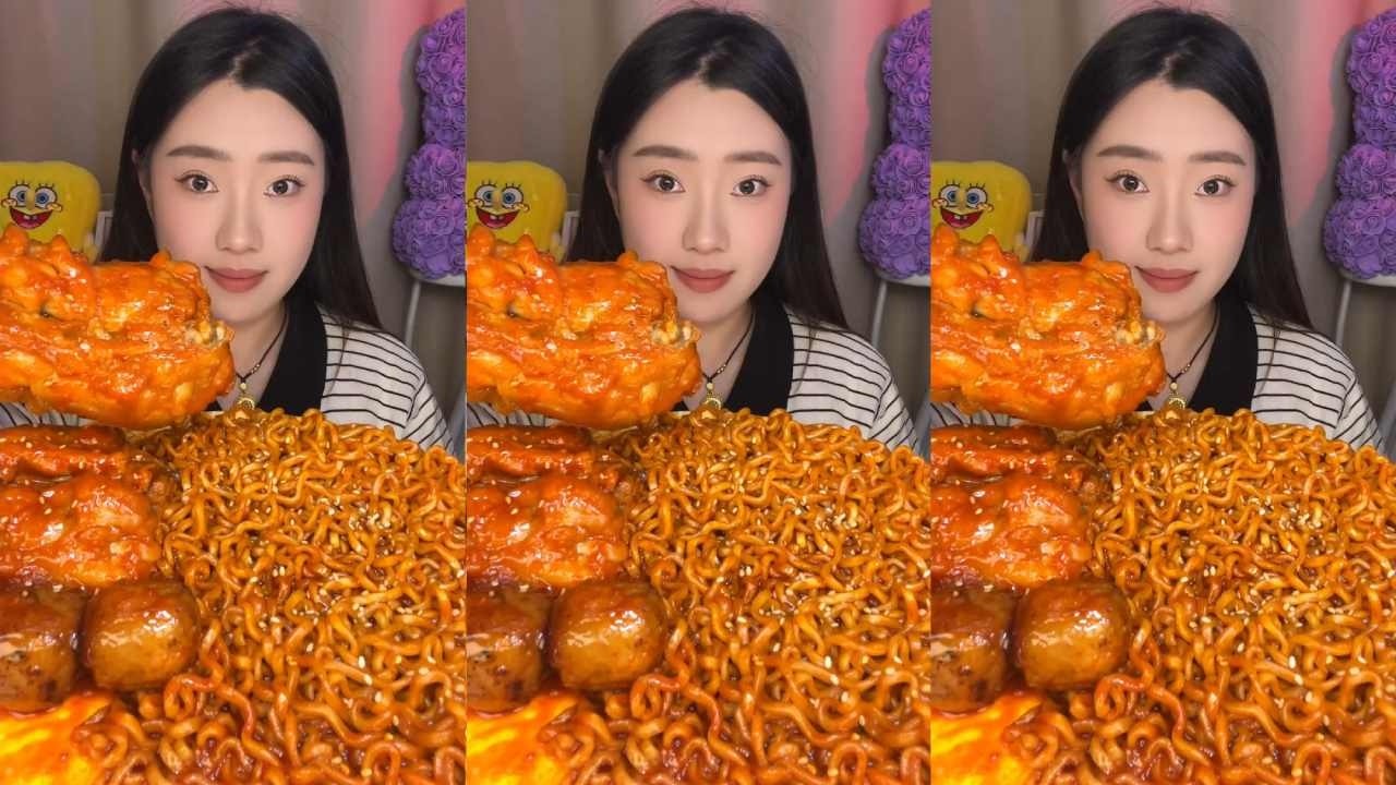 Immersive experience of eating super spicy fire chicken noodles with Orleans fire chicken noodles
