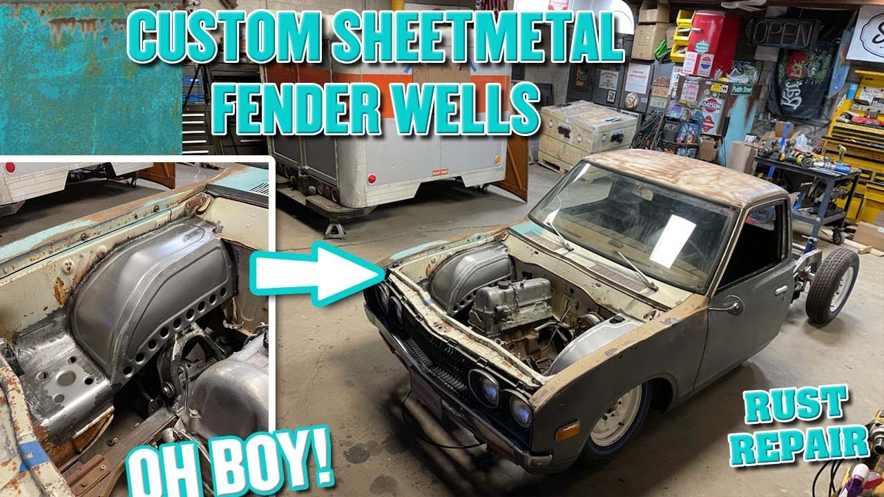 BUILDING CUSTOM FENDER WELLS. Tie rods, Fire wall tubs, && Rust repair. ((1977 Datstun 620.))