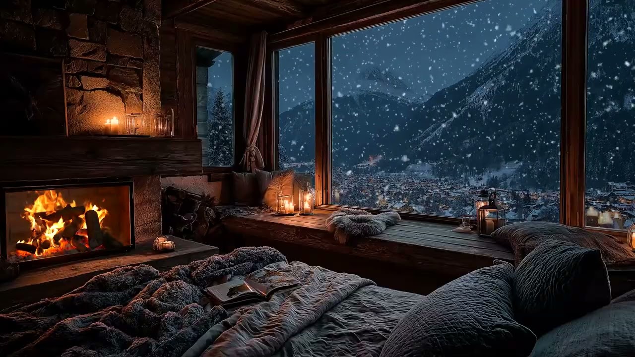 (No Ads) Quiet Winter Wind and Fireplace Fire | Minimal Night Ambience for Sleep