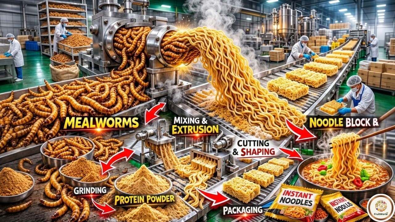 Unbelievable! Instant Noodles Made from Mealworms – Full Process | Factory Tour 2026 | Fruit World