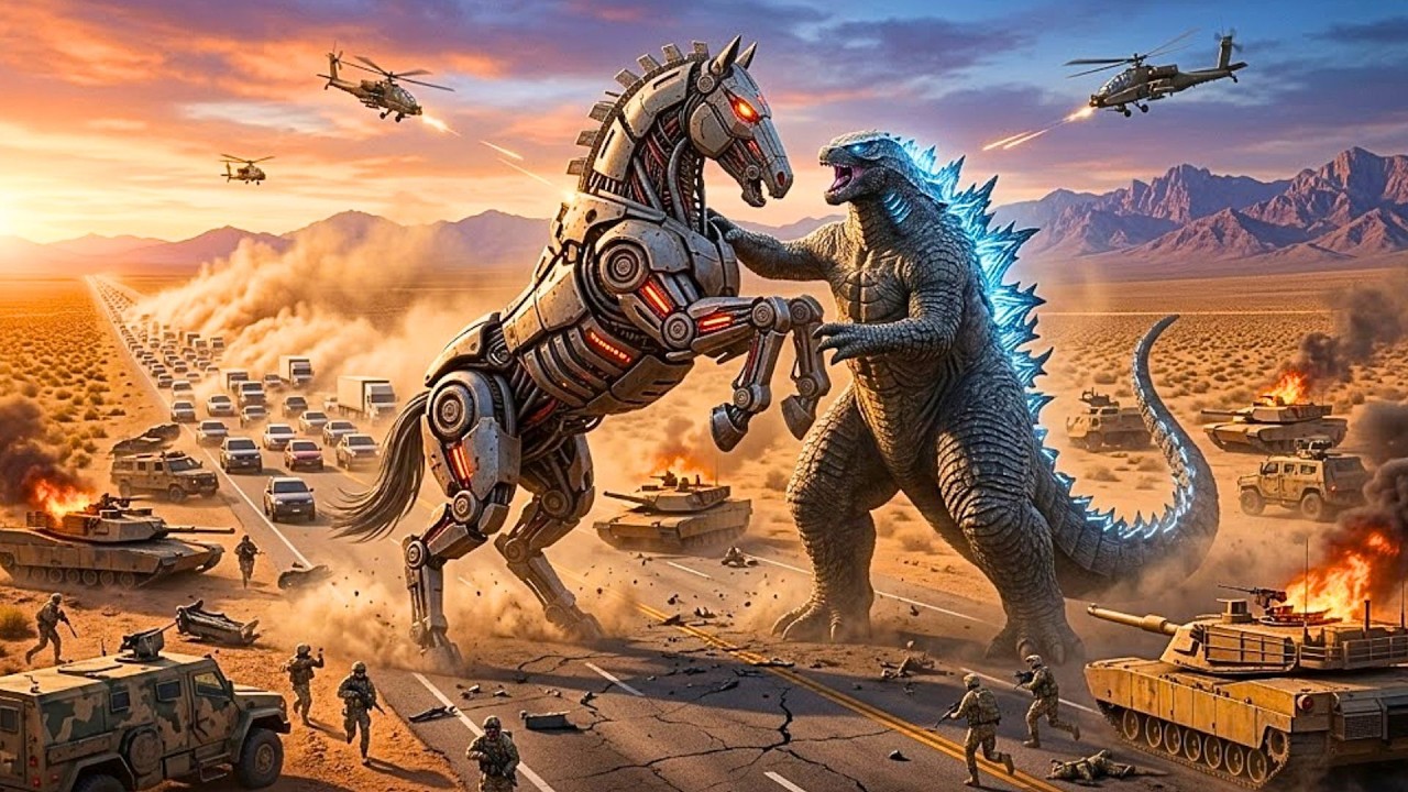 Godzilla vs. The Cyber-Mustang Colossus: Desert Highway Stampede and Armored Convoy Attack