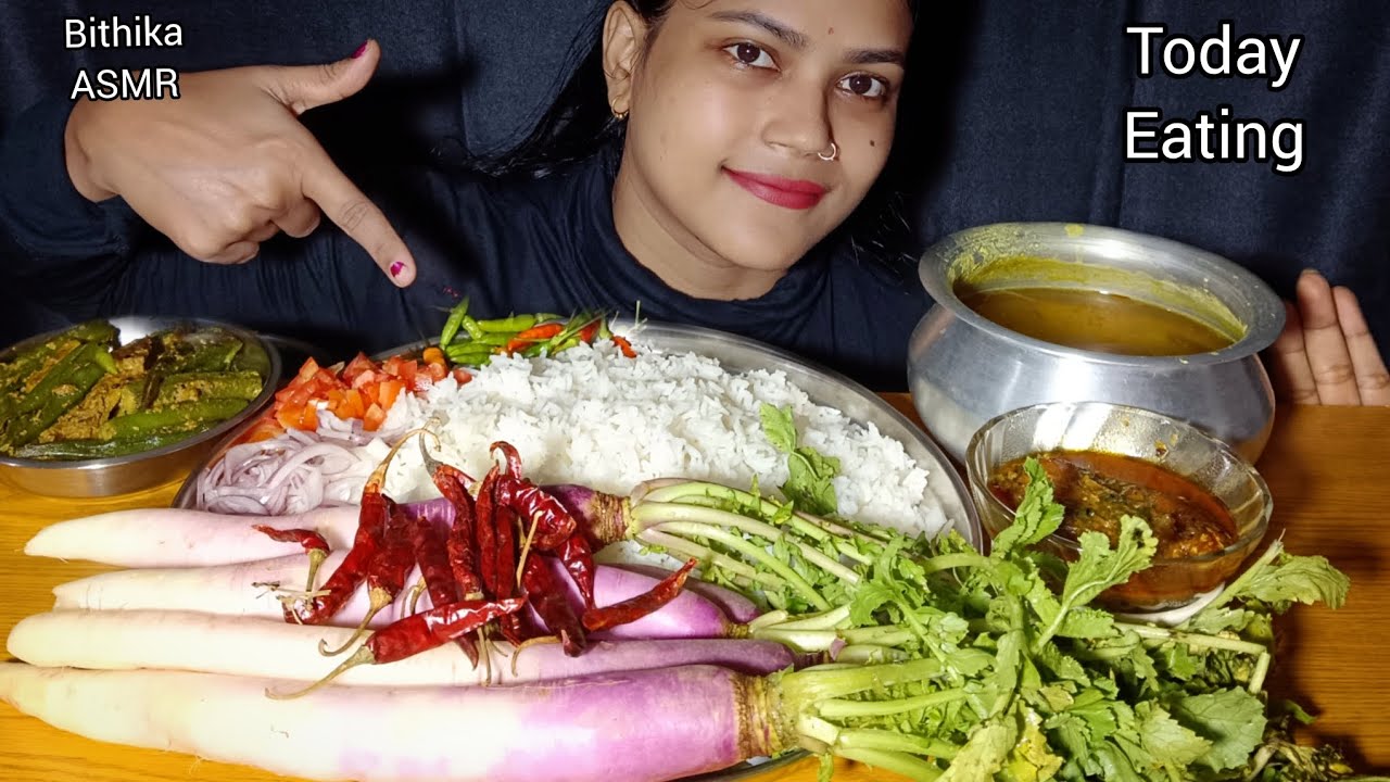 Asmr Eating Dal Bhat,Radish Bharta, Fish Curry, Bhindi Alu Sabji | Eating Show Indian Food's 
