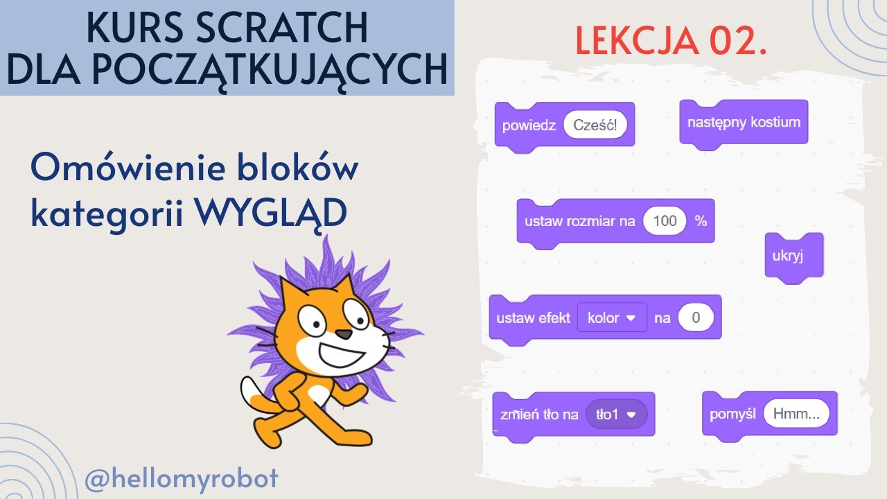 Lekcja 02. Omówienie bloków kategorii WYGLĄD -- Kurs programowania Scratch dla początkujących