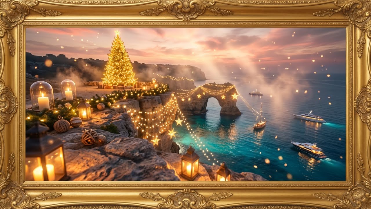 Coastal Cliffside Christmas Sunset Magic | Luxury TV Art | 4K Gold Frame Screensaver | 2 Hours