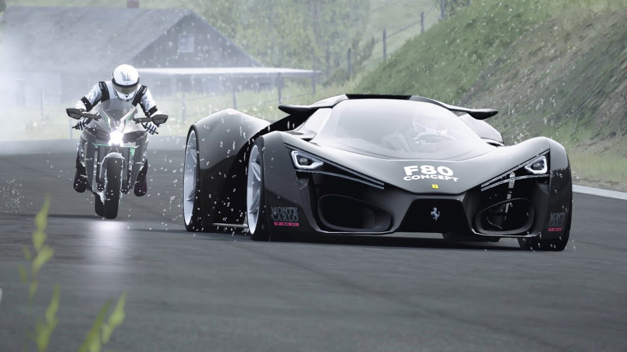 Kawasaki Ninja H2 Black Carbon vs Ferrari F80 Concept Sports at Old SPA in the Rain 22
