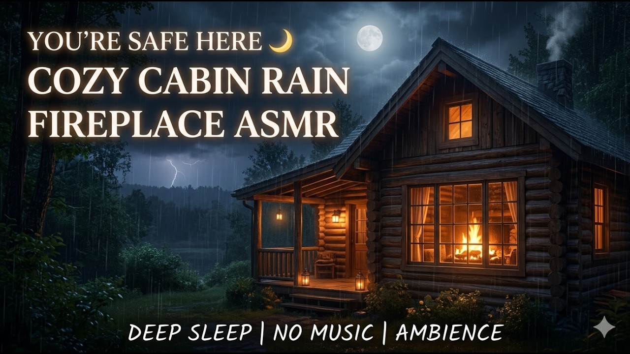 Midnight Rain at the Wooden Cabin 🌧️ Relaxing Thunder & Fireplace Sounds for Deep Sleep