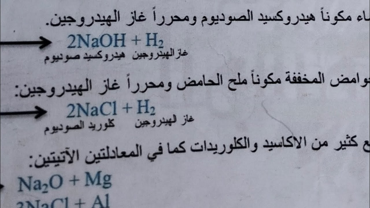 الصف الثالث ، معادلات موضوع الخواص الكيميائية لعنصر الصوديوم، المعادلات.