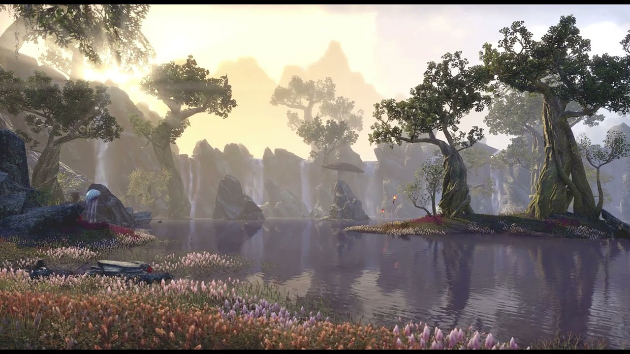 Sunset by 8 Relaxing Waterfalls || Forest Sounds & Music || Elder Scrolls Gamescape || Rainy Jane