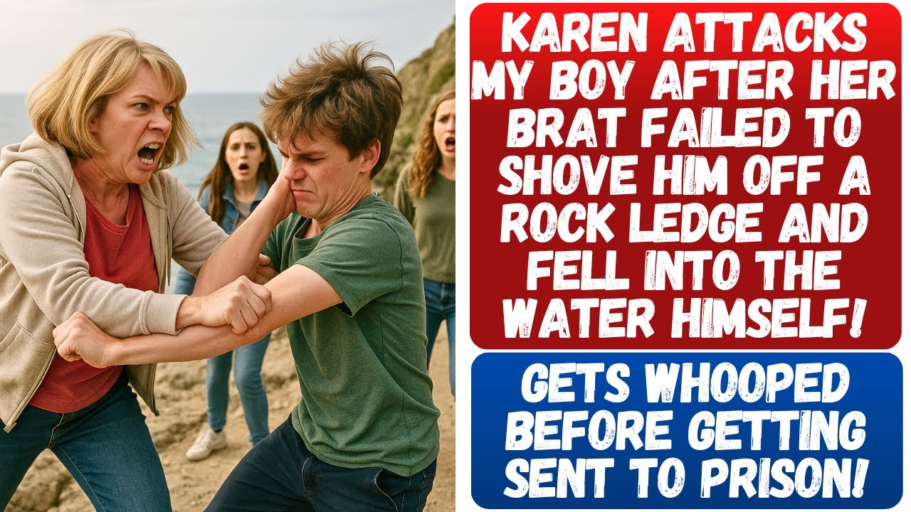 KAREN ATTACKS AN 8-YO BOY AFTER HE DODGED HER SON TRYING TO SHOVE HIM OFF A LEDGE AND FELL INSTEAD!!
