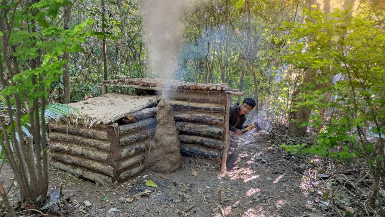 BUILDING SURVIVAL DUGOUT LOG SHELTER IN THE WILDERNESS|| WW3 PREPRATION