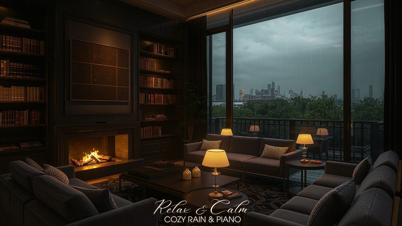 Rainy Night Library, Fireplace & Soft Piano 🌧️🔥🎹 | Cozy Study Lounge | Deep Sleep 24/7