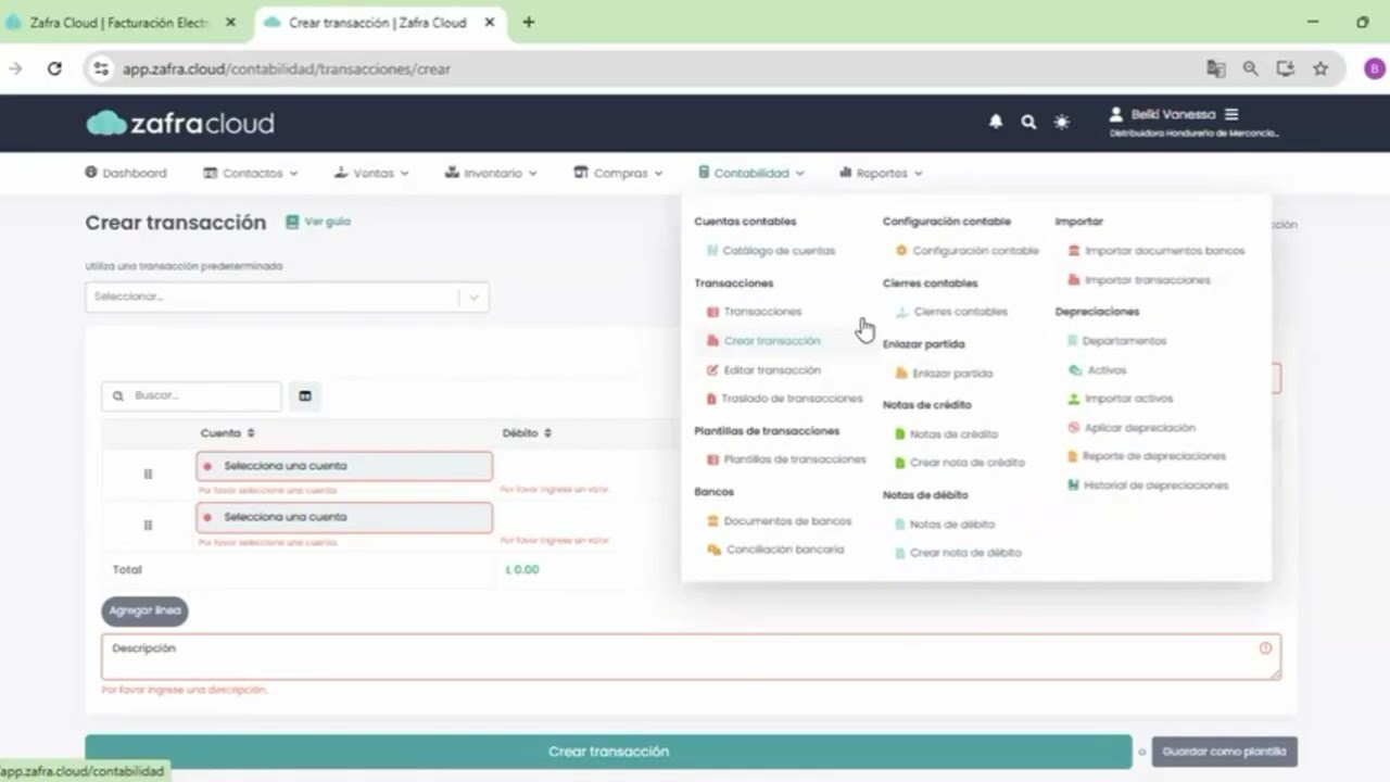 Simulación de sistema contable en ZAFRA