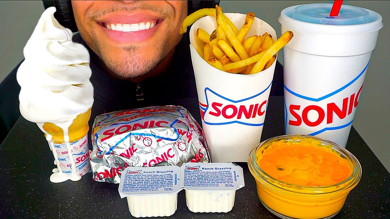 SONIC DRIVE-IN CHEESEBURGER ICE CREAM CONE CRISPY FRENCH FRIES CHEESE SAUCE RANCH MUKBAN