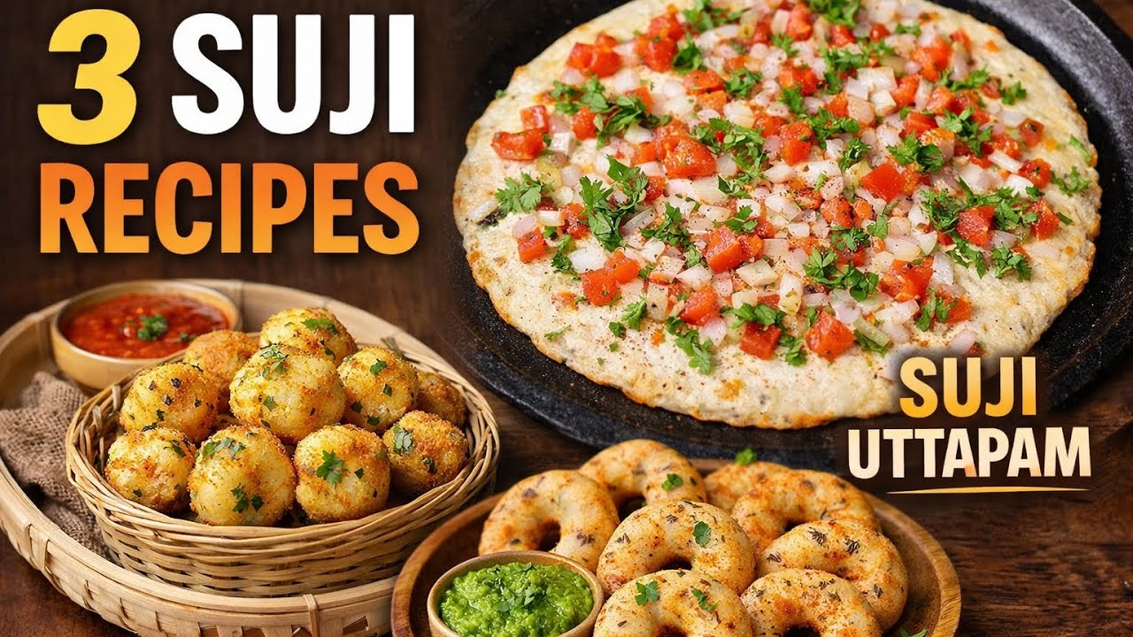 3 Easy Suji Recipes | Uttapam, Suji Jeera Doughnuts & Suji Aloo Bites | Lunch Box Ideas#recipe 