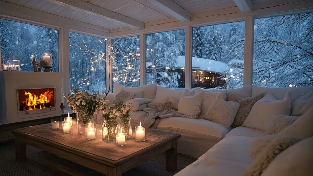 Snowy Cabin Retreat • Soft Piano Music & Warm Firelight For Sleeping, Reading And Peace