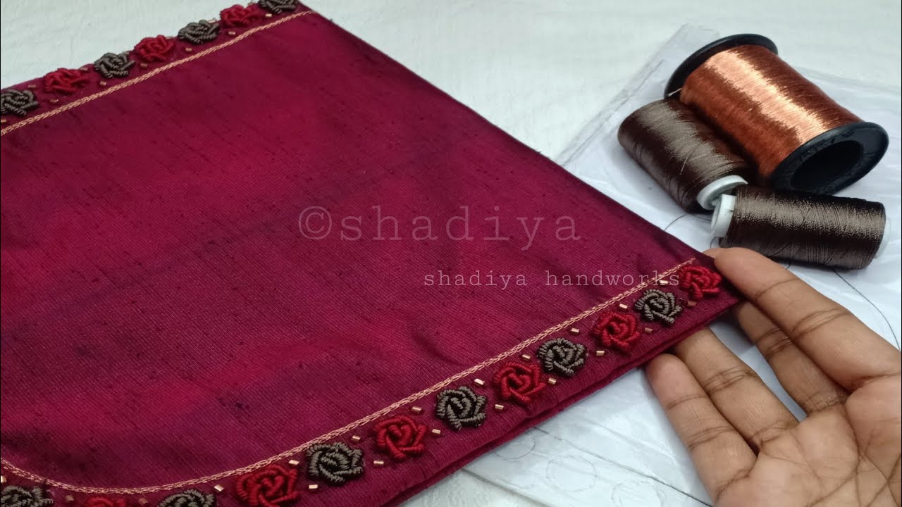 Back neck and sleeve embroidery design with bullion rose 🌹