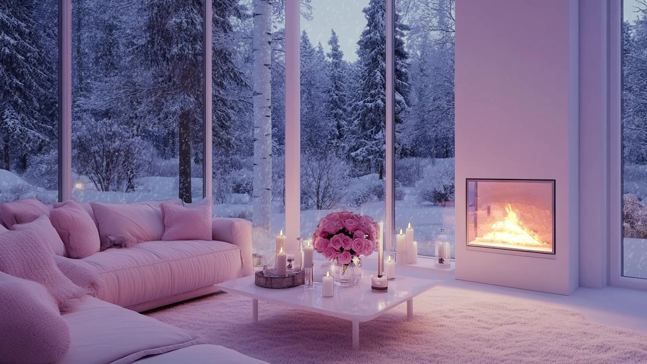 🌙🎹 Silent Snow Piano Lounge Night | Snow Outside, Fireplace Glow & Flowers | Study Focus Relax