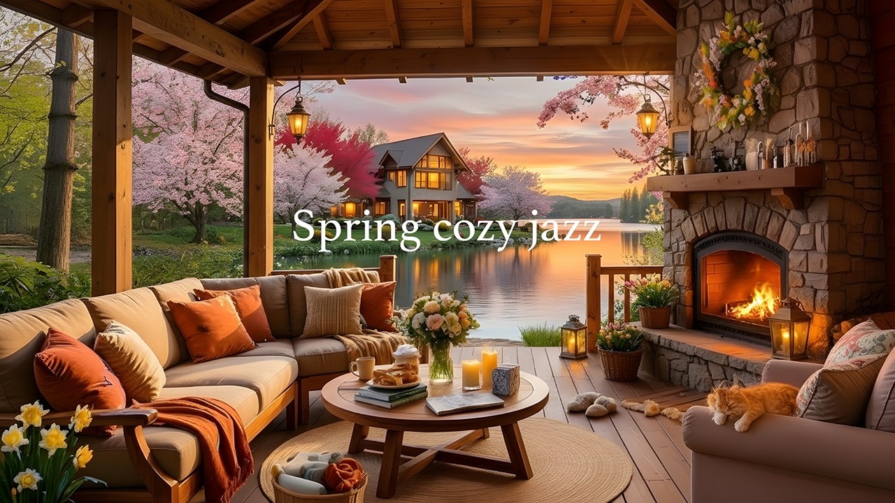 🌸 Spring Jazz – Cozy Coffee Shop Ambience for Study & Relax & Deep Work with Fireplace Sounds
