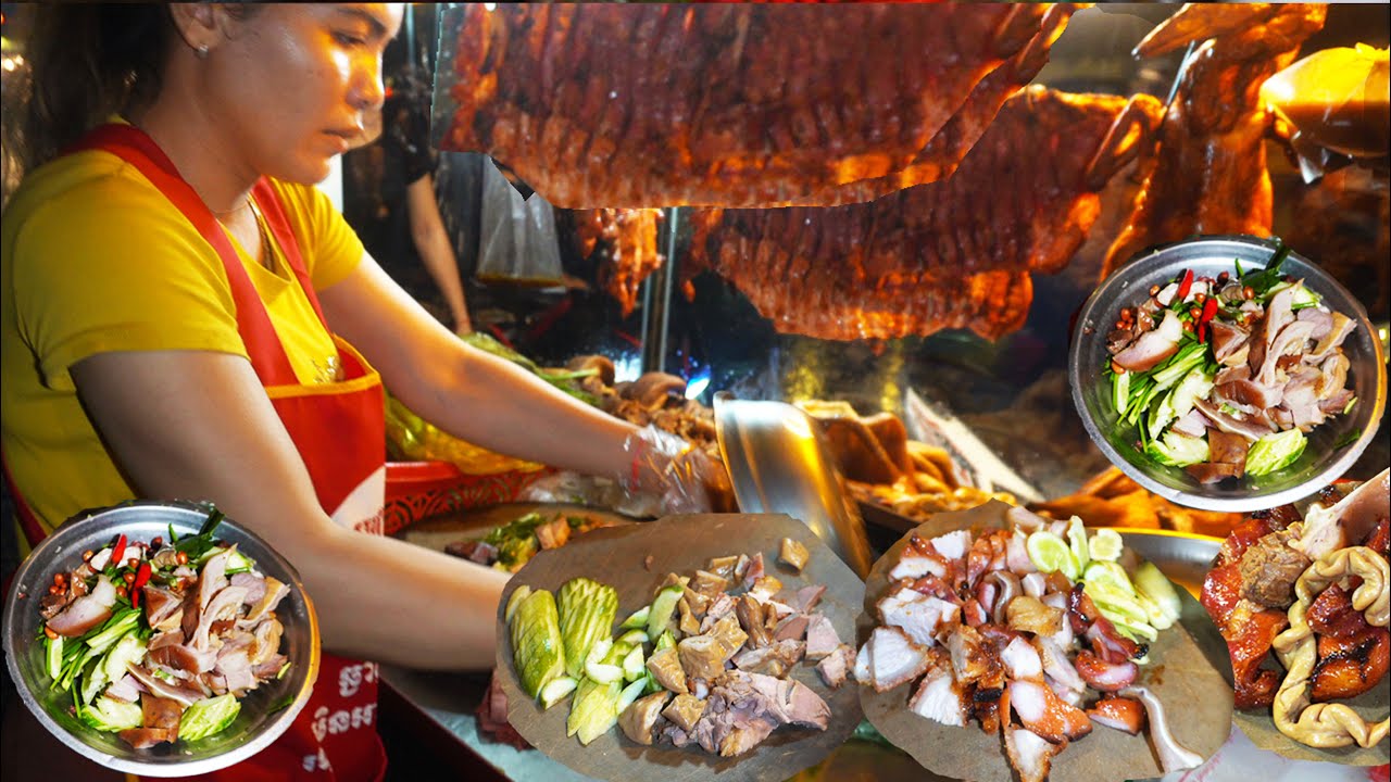 Popular roast & braised pork, yummy roast pork, Cambodian street food