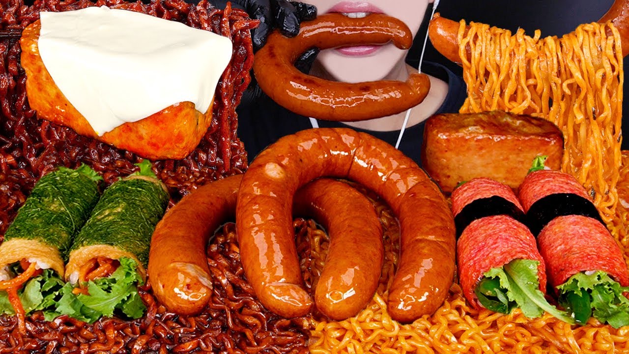 ASMR KIELBASA SAUSAGE SPAM CHEESE FIRE NOODLES COOKING MUKBANG 소세지 먹방 ソーセージ 咀嚼音 Sosis EATING SOUNDS