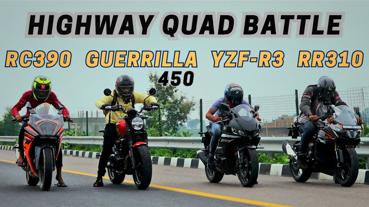 Guerrilla 450 vs Rc 390 vs Yamaha R3 vs Apache RR310 Drag Race🔥 | Amazing Quad Battle🤩