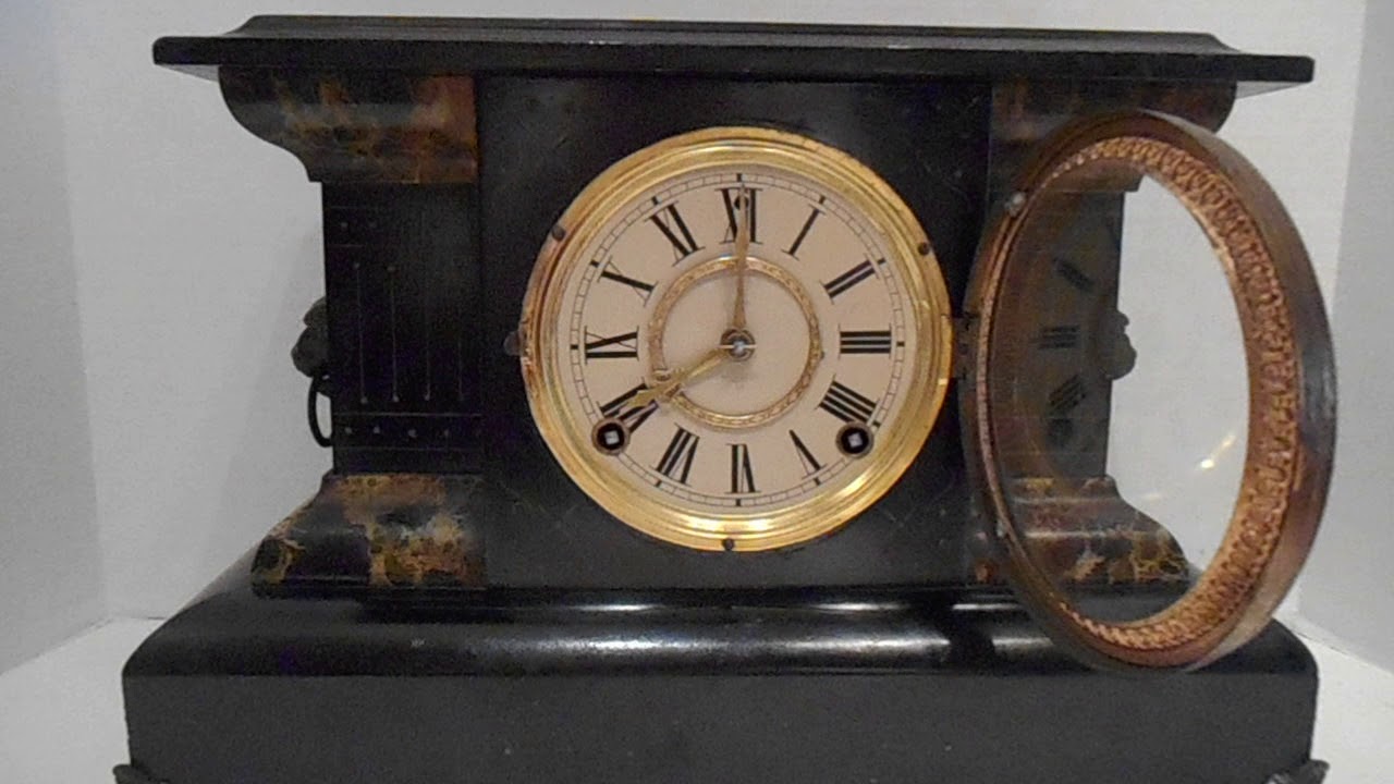 Antique E N Welch Adamantine Black Mantel Clock Cathedral Gong