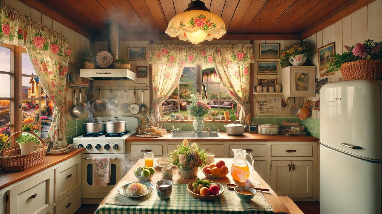 Soothing Spring Kitchen Ambience | Rainfall & Rustic Cooking Sounds