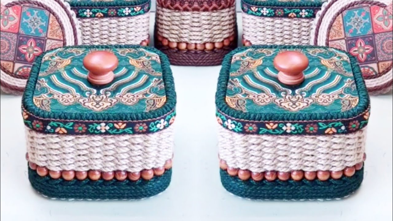Most Beautiful Ancient Style Hand Woven Hemp Colored Rope Making a Storage Jewellery Basket 
