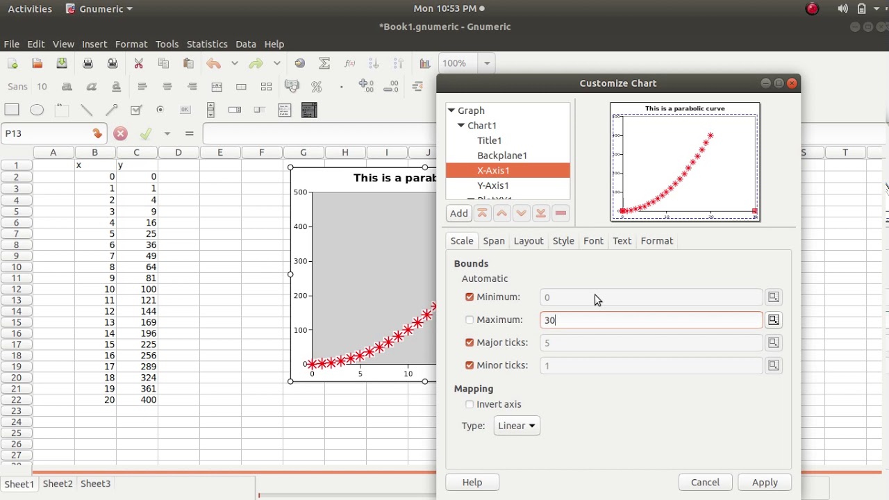 Plotting graph in Gnumeric worksheet on UBUNTU