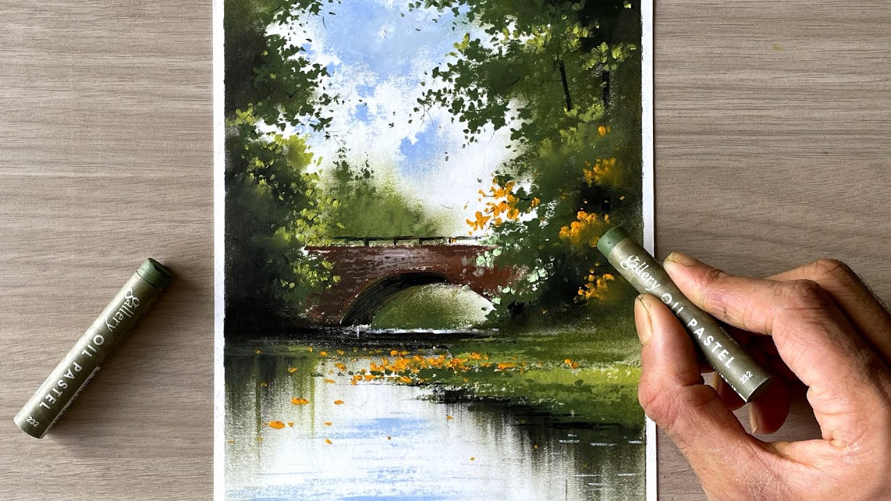 Sunny morning in forest | oil pastel painting
