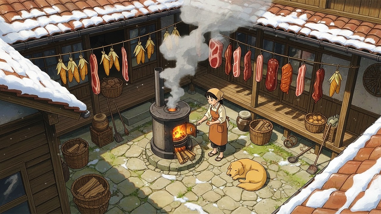 Rendering Pork Lard on a Winter Morning – Making Smoked Pork & Cozy Family Feast  Ghibli ASMR