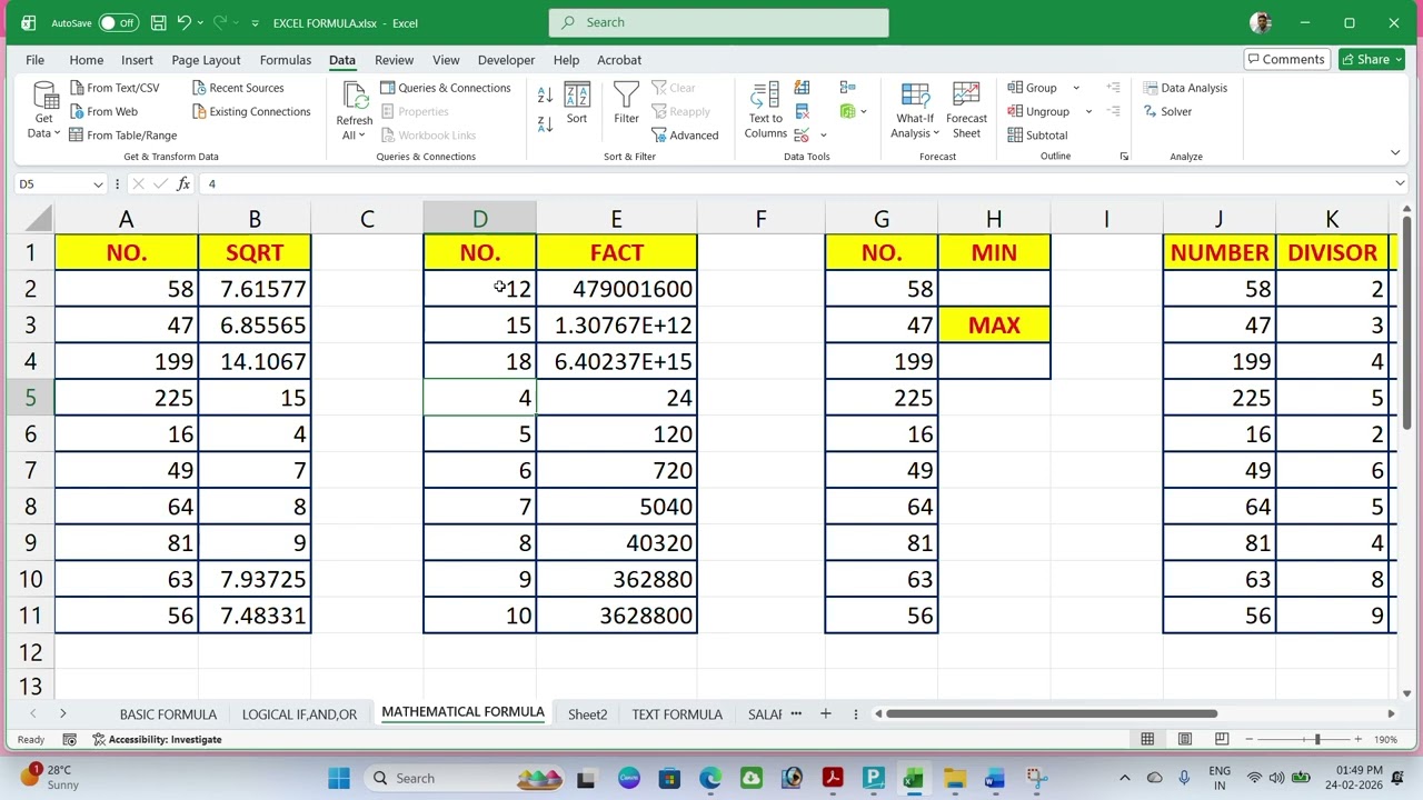 formula of sqrt, fact, min, max, mod, round