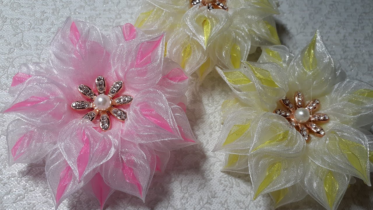 Милые пышные цветы из узкой органзы. Канзаши. Kanzashi