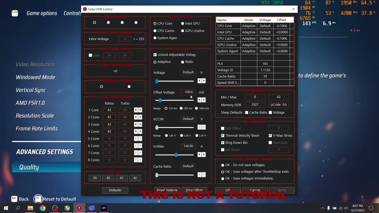 Settings I use to reach 4.2Ghz on the CPU RTX 3050M 4Gb i5-10300H Acer Nitro 5 ThrottleStop 9.5
