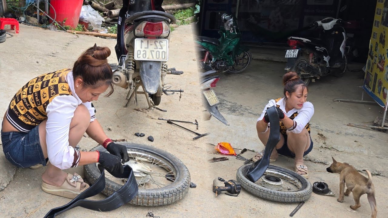 Kind little bike repair girl: patched a punctured tire and helped the girl fix her bike.